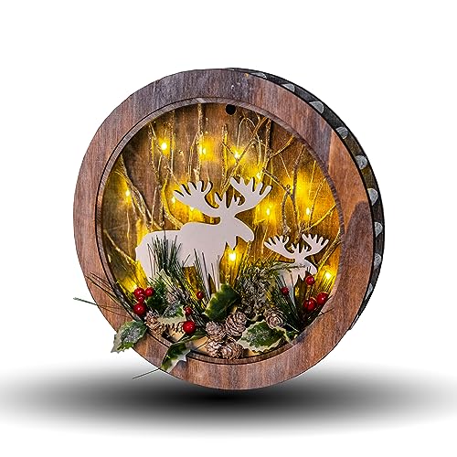SHATCHI Wooden Christmas Reindeer Scene Tabletop Centrepiece Frame 30cm - Wreath Shape, Battery Operated with Micro Rice LEDs and Festive Decorations - Room Wall Table Home Xmas Decorative Gift