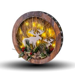 SHATCHI Wooden Christmas Reindeer Scene Tabletop Centrepiece Frame 30cm - Wreath Shape, Battery Operated with Micro Rice LEDs and Festive Decorations - Room Wall Table Home Xmas Decorative Gift
