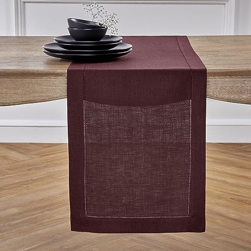 Solino Home Linen Burgundy Table Runner 156 Inches Long - 100% Pure Linen Extra Long Table Runner 14 x 156 Inch for Christmas, Fall, Autumn, Thanksgiving - Classic Hemstitch