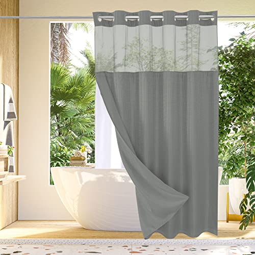 Gibelle Long Shower Curtain 72x80, Cloth Bathroom Shower Curtain with Snap-in Fabric Liner Set, No Hooks Needed, Hotel Style with Mesh Top Window, Grey