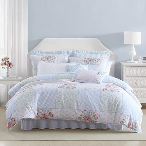 Laura Ashley Comforter Set, Hope Patchwork Blue, Includes 1 Comforter, 2 Shams, 2 Euro Shams, 2 Throw Pillow Covers, Twin, Super Soft Bedding