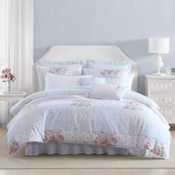 Laura Ashley Comforter Set, Hope Patchwork Blue, Includes 1 Comforter, 2 Shams, 2 Euro Shams, 2 Throw Pillow Covers, Twin, Super Soft Bedding
