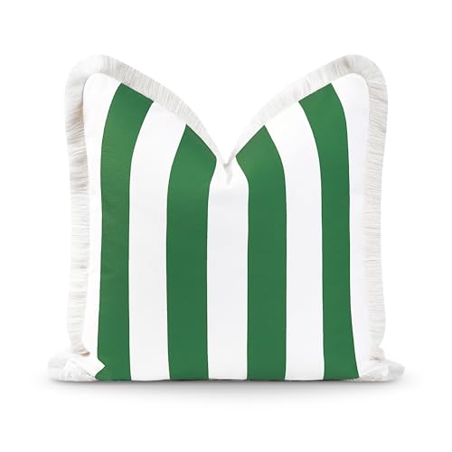 Hofdeco Premium Coastal Patio Indoor Outdoor Cushion Cover, 20''x20'' Water Resistant for Backyard, Couch, Green Stripe Fringe