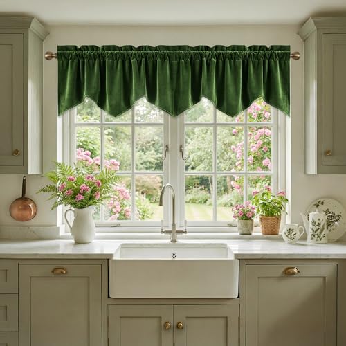 StangH Moss Green Valance for Window Christmas Home Decoration Privacy Scalloped Tier Short Curtains for Kitchen Half Window Bay Dining Room Office, W52 x L18 inch, 1 Panel