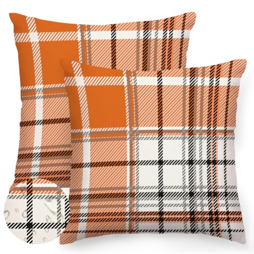 RABUSOFA Fall Pillow Covers 18x18 Inch Outdoor Waterproof Set of 2 Orange Buffalo Plaid Thanksgiving Autumn Decorative Throw Cushion Cases Seasonal Fall Farmhouse Decorations for Home Couch Patio