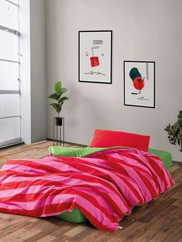 Nuit Des Rêves Ranforce Single XXL Quilt Cover Set (155 x 220 cm), 100% Cotton, Green & Pink, Reactive Printing, Machine Washable, Envelope & Button Closure, Soft & Stylish Bedding