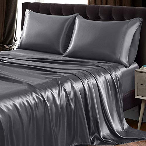 SiinvdaBZX 4Pcs Satin Sheet Set King Size 15-Inch Deep Pocket, Grey - Ultra Silky Soft Satin Bed Sheets Similar to Silk Sheets, Includes 1 Fitted Sheet, 1 Flat Sheet, 2 Satin Pillowcases