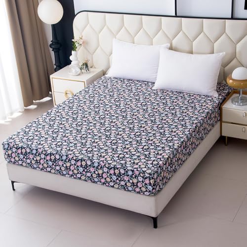 NATURETY Bedding Fitted Sheet with Deep Pocket,Cars Printed Fabric Bed Sheets(Black Flower,Queen)