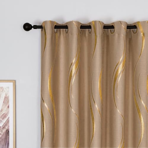 MYRU 1 Pair Brown Blackout Curtains for Bedroom, Luxury Striped Curtains for Living Room(Light Brown and Gold, 2 Panels 54 x 102 Inch)