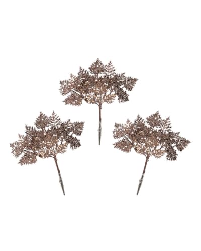 Set of 3 Mocha Glitter Leaf Christmas Tree Picks, 19cm Sprays - 3 mocha glitter leaf picks, 19cm artificial Christmas foliage sprays for trees, wreaths, garlands and festive displays