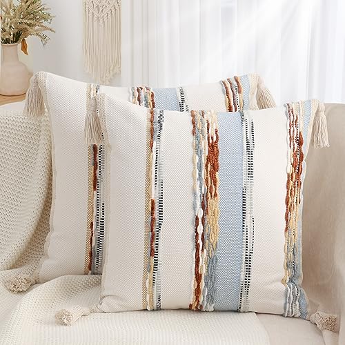 Simmore Boho Decorative Throw Pillow Covers 18x18 Set of 2, Tufted Farmhouse Pillow Covers with Tassels for Cozy Bohemian Couch Sofa Bedroom Home Decor, Blue