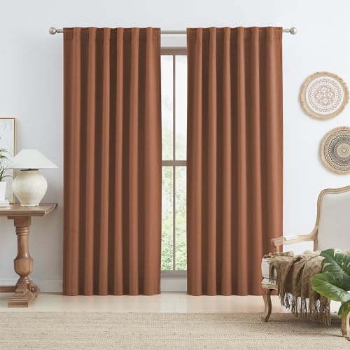 KEQIAOSUOCAI 90 Inch Rust Terracotta Blackout Curtains Linen for Bedroom 2 Panels Set Fall Decor Back Tab Pocket Hook Belt Brick Rust Boho 70s Curtains for French Door Living Room W50 x L90