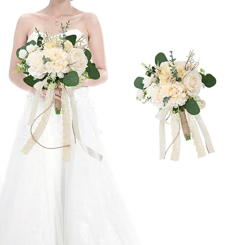 HOMENERGY Boho Bridesmaid Bouquets for Wedding, 9 Inch Artificial Flowers Bouquets for Ceremony Anniversary Centerpieces Decorations, Roses - Beige