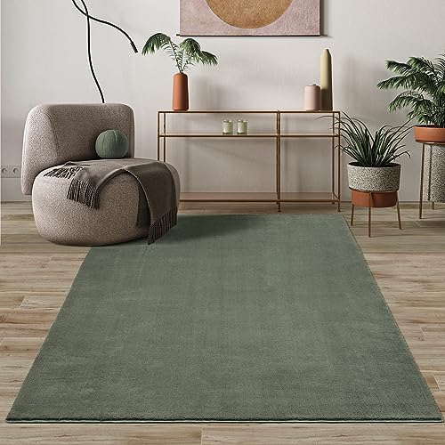 Mias Teppiche Comfort Modern Fluffy Short-Pile Carpet, Anti-Slip Backing, Washable up to 30 Degrees, Super Soft, Faux Fur Look, Forest, 120 cm round