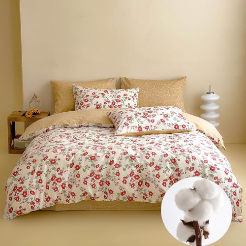 CinYana Red Floral Duvet Cover Set Reversible 100% Cotton Duvet Cover King 3 PCS Chic Garden Bedding Set Mini Floral Comforter Cover Soft Breathable for All Seasons (Red,King)