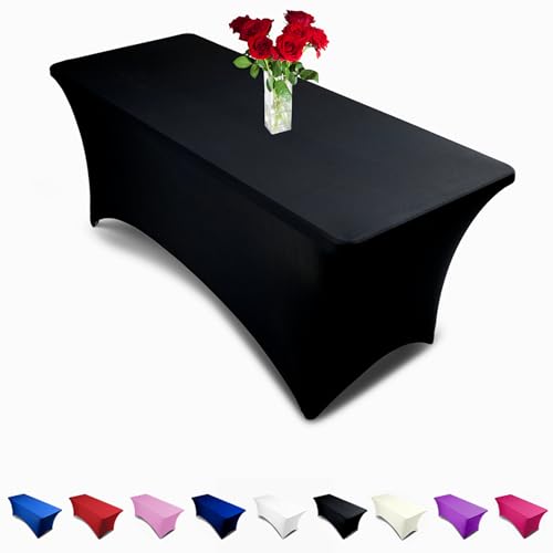 EL Event Linens 8FT Rectangular Stretch Tablecloth-Spandex Linen Tight Fit Table Cover for DJ, Tradeshows, Vendors, Weddings, Jewelry Parties, Professional Presentations, Kiosks etc (Black)