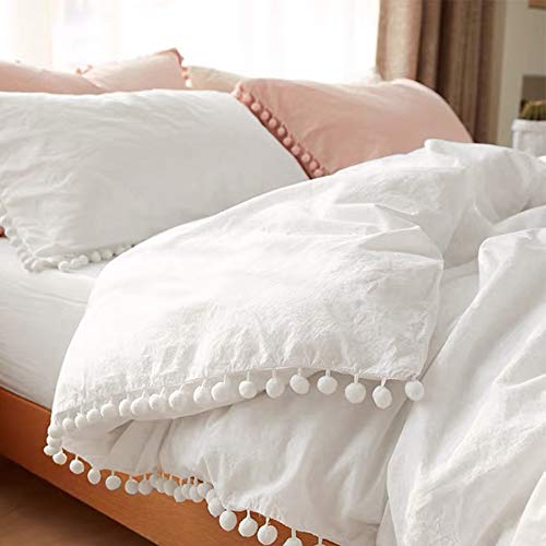 ETDIFFE Pom Pom Duvet Cover Queen Size - 3 Piece Boho Bohemian Farmhouse Microfiber Comforter Cover Set - Soft and Lightweight Quilt Cover, Solid White Pompom