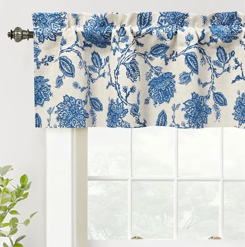 DriftAway Freda Jacobean Floral Linen Blend Blackout Thermal Insulated Energy Saving Privacy Window Linen Curtain Valance Rod Pocket 2 Layers Single 52 Inch by 14 Inch Plus 1.75 Inch Header Blue