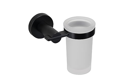 Croydex Metra Frosted Glass Toothbrush Holder Cup with Matt Black Bracket - Wall Mounted - No Drill Required - Your Choice to Screw or Glue with Flexi-Fix Brackets - Black Bathroom Accessories
