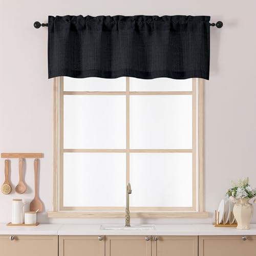 Chyhomenyc Black Valance for Windows - Light Filtering Small Kitchen Curtains, Farmhouse Rod Pocket Short Valance for Living Room Bathroom Basement, 52Wx16L Inch, 1 Piece