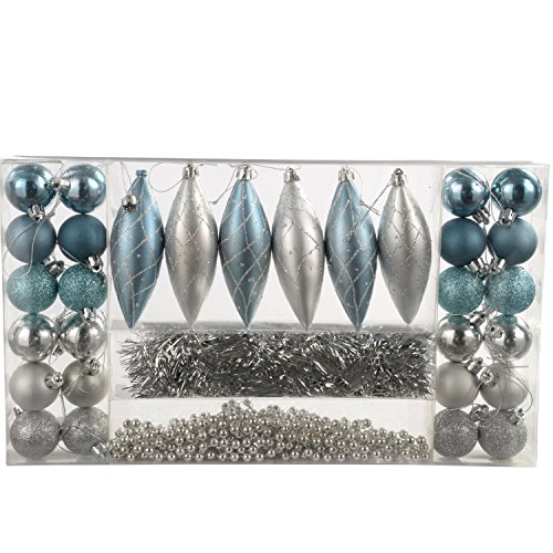 WeRChristmas 32-Piece Deluxe Variety Christmas Tree Baubles Decoration Pack with Tinsel and Beads, Blue/Silver