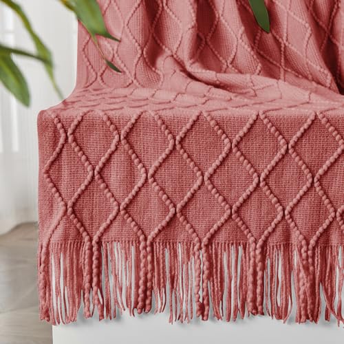 "inhand Knitted Throw Blankets for Couch and Bed, Soft Cozy Knit Blanket with Tassel, Coral Pink Lightweight Decorative Blankets and Throws, Farmhouse Warm Woven Blanket for Men and Women, 60""x80"""