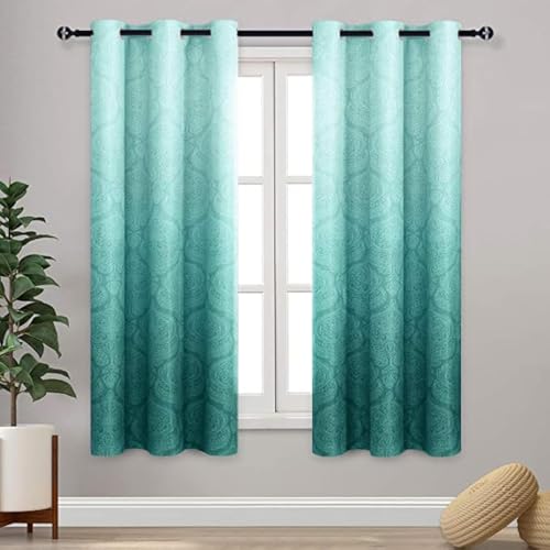 DWCN Teal Ombre Curtains for Bedroom - Damask Patterned Thermal Insulated Blackout Room Darkening Grommet Curtains for Living Room, Set of 2 Window Curtain Panels, 46 x 72 Inches Long, Teal