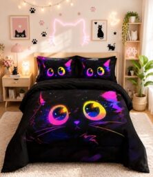 Nttopship Cute Cat Kids Comforter Set Queen Size 7pcs Black in Dark 3D Digital Animals Printed Pattern Comforter Set for Kids Boys Girls Adults Animal Print Room Decor