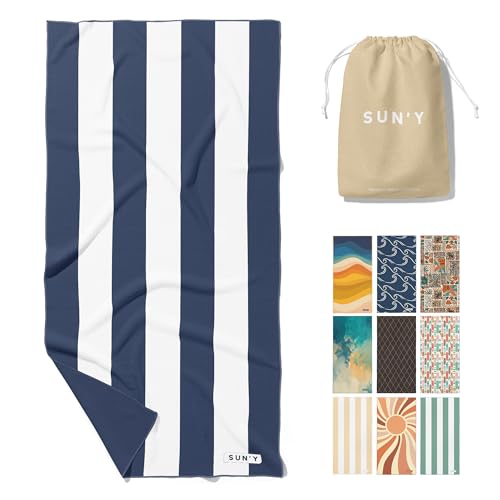 SUN'Y Waffle Microfiber Beach Towel ??? Sand Free, Quick Dry, Ultra Absorbent, Lightweight & Compact Travel Towel with Carry Bag - Large (63??? x 31.5???), Nautical Navy