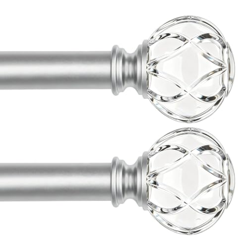 KAMANINA Silver Curtain Rods for Windows 32-58 Inch Heavy Duty Drapery Rod - 2 Pack, 1 Inch Adjustable, 2.6-4.8 Feet Long, Window Treatment Rods for Bedroom, Decorative Crystal Glass Finials