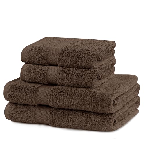 DecoKing Set of 4 Cotton Quality 525 g/m² 2 Hand Towels 50 x 100 cm and 2 Bath Towels 70 x 140 cm Brown Nut Brown Absorbent Marina