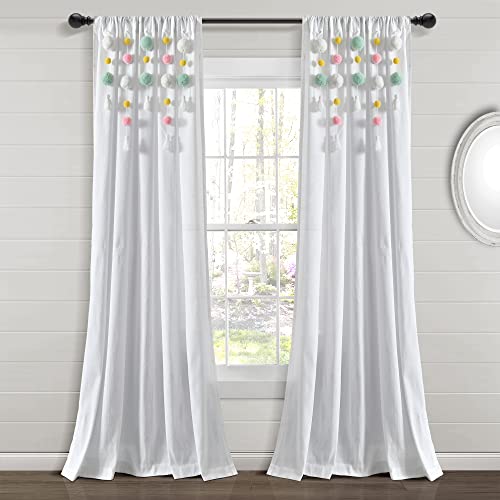 "Lush Decor Boho Pom Pom Tassel Linen Window Curtain Panel (Single Panel), 84"" L x 52"" W, Aqua & Pin"
