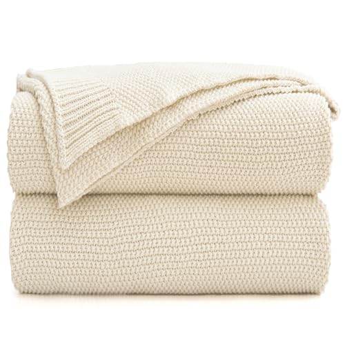 Cream Cotton Cable Knit Throw Blanket for Couch, Home Decorative Throws, Woven Throw Blankets with Bonus Laundering Bag, 2.2 Pounds 50 x 60 Inches