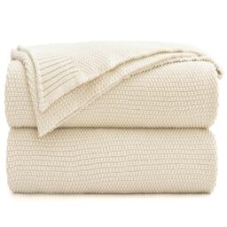 Cream Cotton Cable Knit Throw Blanket for Couch, Home Decorative Throws, Woven Throw Blankets with Bonus Laundering Bag, 2.2 Pounds 50 x 60 Inches