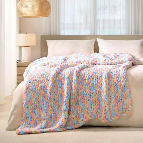 L'AGRATY Chunky Knit Blanket Throw: 60''x80'' Chenille Chunky Knitted Throw Blankets for Twin Bed Couch - Handmade Thick Cable Knit Blanket - Large Crochet Rope Blankets for Home Decor