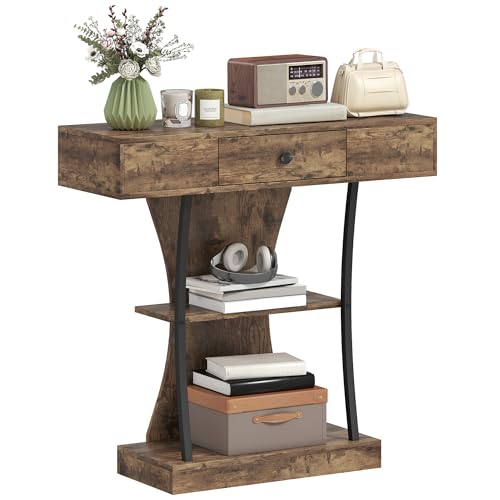 HOMCOM Console Table, 3-Tier Industrial Hallway Table with Drawer, Storage Shelves and Steel Frame, for Living Room, Entryway, Rustic Brown