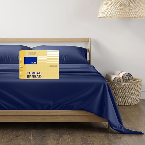 THREAD SPREAD Luxury Sheets 600 Thread Count - Egyptian Cotton Quality King Size Sheet Set - Deep Pocket Fitted Bedding Sheet & Pillowcases - 4 Pc Breathable - Indigo Navy Sheets for Adults