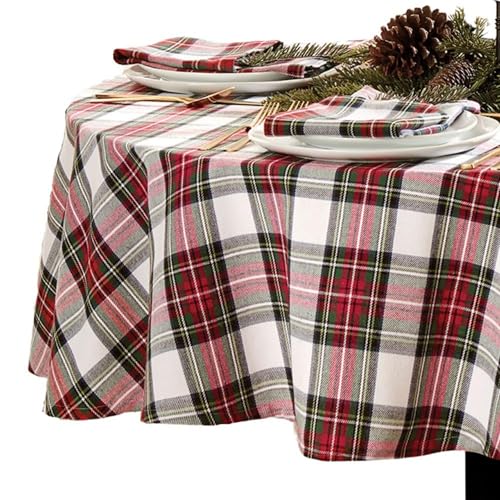 "Elrene Home Fashions Christmas Classic Holiday Plaid Cotton Tablecloth, Holiday Table Decor, 70"", Round"