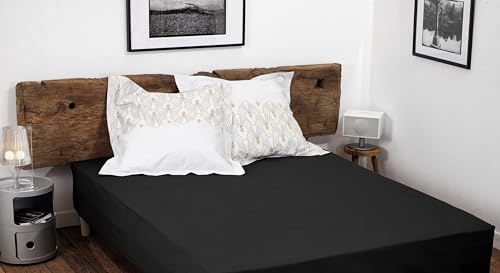 Home Linge Passion 100% Cotton Fitted Sheet – 57 Thread Count – Size 180 x 200 cm – Black – 25 cm Deep Weave – Soft, Breathable, Washable