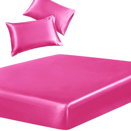 SiinvdaBZX 3-Piece Set Satin Full Fitted Sheet & 2 Pillowcase, Hot Pink - Silky Soft Fitted Bottom Sheet, Deep Pocket Sheet Design Fits 15 Inch Mattress, Wrinkle Free, Fade Resistant