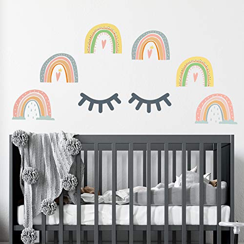 WALPLUS 60x47x0.02cm Wall Stickers Hand-Drawn Rainbows with Grey Sleepy Eyes Eyelashes Scandinavian Style Babyroom Mural Art Removable Self-Adhesive Decals Vinyl Nursury Boys Girls Kids Room Decor