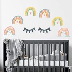 WALPLUS 60x47x0.02cm Wall Stickers Hand-Drawn Rainbows with Grey Sleepy Eyes Eyelashes Scandinavian Style Babyroom Mural Art Removable Self-Adhesive Decals Vinyl Nursury Boys Girls Kids Room Decor