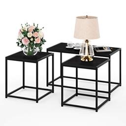 Furinno CAMNUS Living Room Table Set, Metal Frame Modern Coffee Table and Side Tables Set, Side Tables Sets, Easy Assembly, for Couch, for Living Room, Bedroom, Home Office, Dark Americano