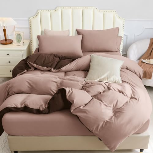 "PURE ERA Jersey Knit Duvet Cover Set 100% T-Shirt Cotton Super Soft Comfy 3pc Bedding Set with Zipper Closure (Petal Pink/Dark Brown, Queen, 90""X90"")"