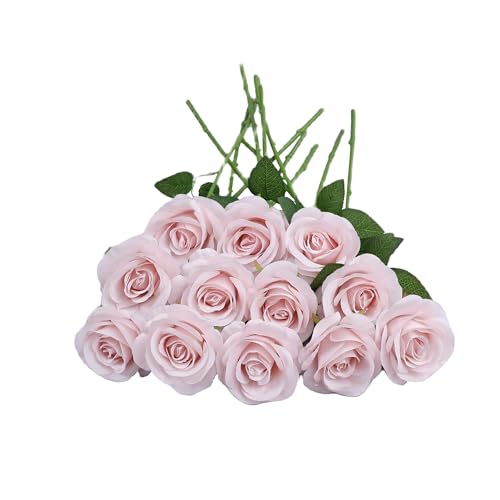 JUSMAI 12pcs Roses Artificial Flowers Real Touch Fake Flowers with Long Stems Silk Flowers for Wedding Bouquet Centerpices Decorations Party Bridal Baby Shower Home Decor (Dusty Pink)
