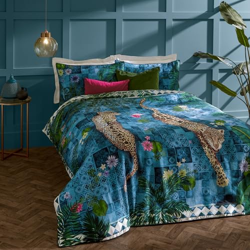 Paoletti Majorelle Duvet Cover Set – Reversible Moroccan Botanical Leopard Piped Edge Luxury Bedding (Azure Blue – Super King)