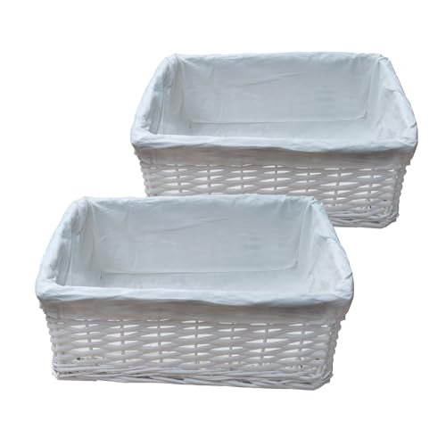 Arpan Large White Wicker Storage & Hamper Basket with White Cloth Lining ??? Large Baskets for Xmas, Wedding, Confetti & Parties, Snack Basket, Wicker Baskets (Large Pack of 2)
