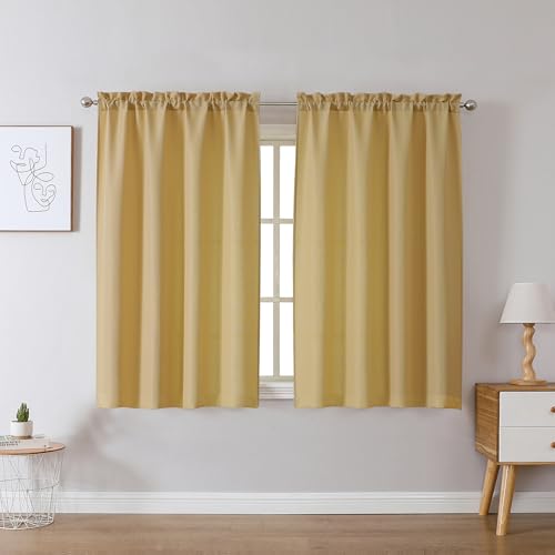 "Chyhomenyc Gold Curtains 45 Inch Length 2 Panels, Faux Linen Textured Semi Sheer Light Filtering Soft Airy Rod Pocket Window Treatment Drapes for Living Room Bedroom, Each 30"" Wx45 L"