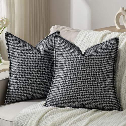 FUTEI Pack of 2 Houndstooth Throw Pillow Covers 18x18 Inch Soft Chenille Gingham Textured Farmhouse Decorative Cushion Case Modern Home Decor for Couch Bedroom Living Room, Black