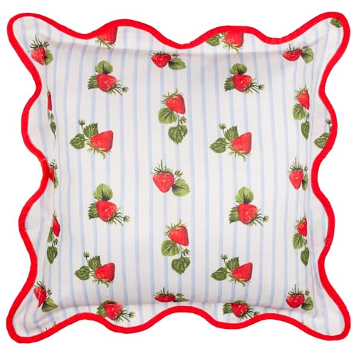 furn. Fruits Strawberries Cushion Cover – Water Resistant Striped Strawberry Fruit Outdoor Wiggle Piped Edge Decorative Case (Blue - 45x45cm)